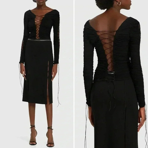 NWOT - INTERIOR NYC Kit Ruched Lace-Up Top Black Size Small - Picture 2 of 10